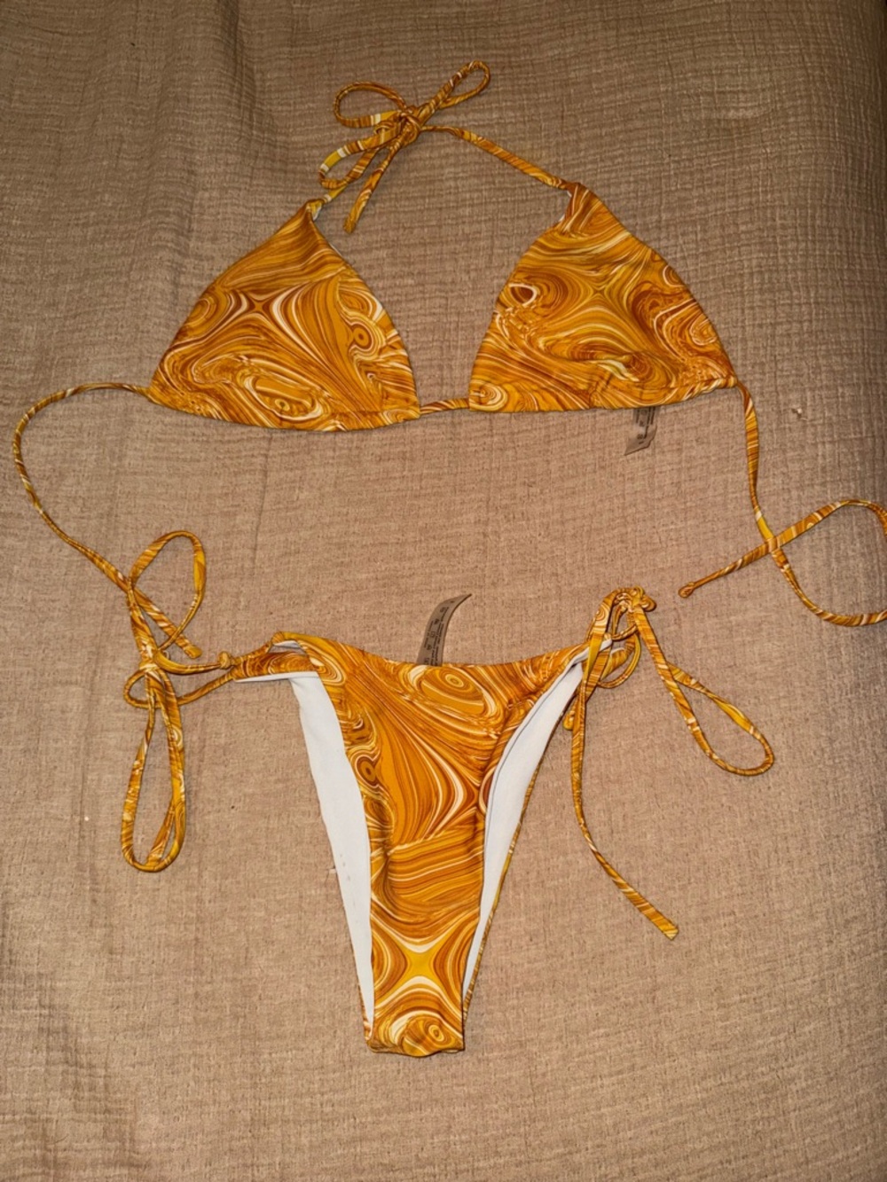 Yellow Marble Tie-Side Triangle Bikini